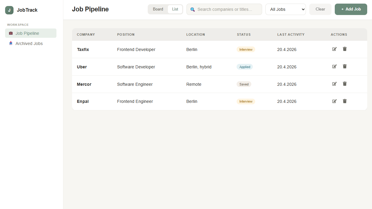 Job Tracker table view